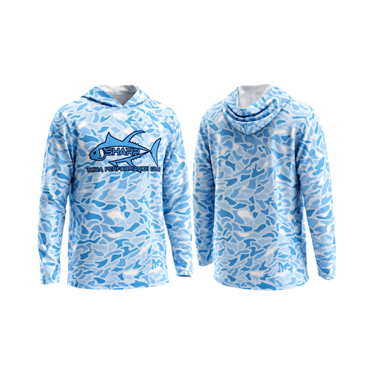Blue Camo Hooded Fishing Shirt — front and back, hood down, transparent