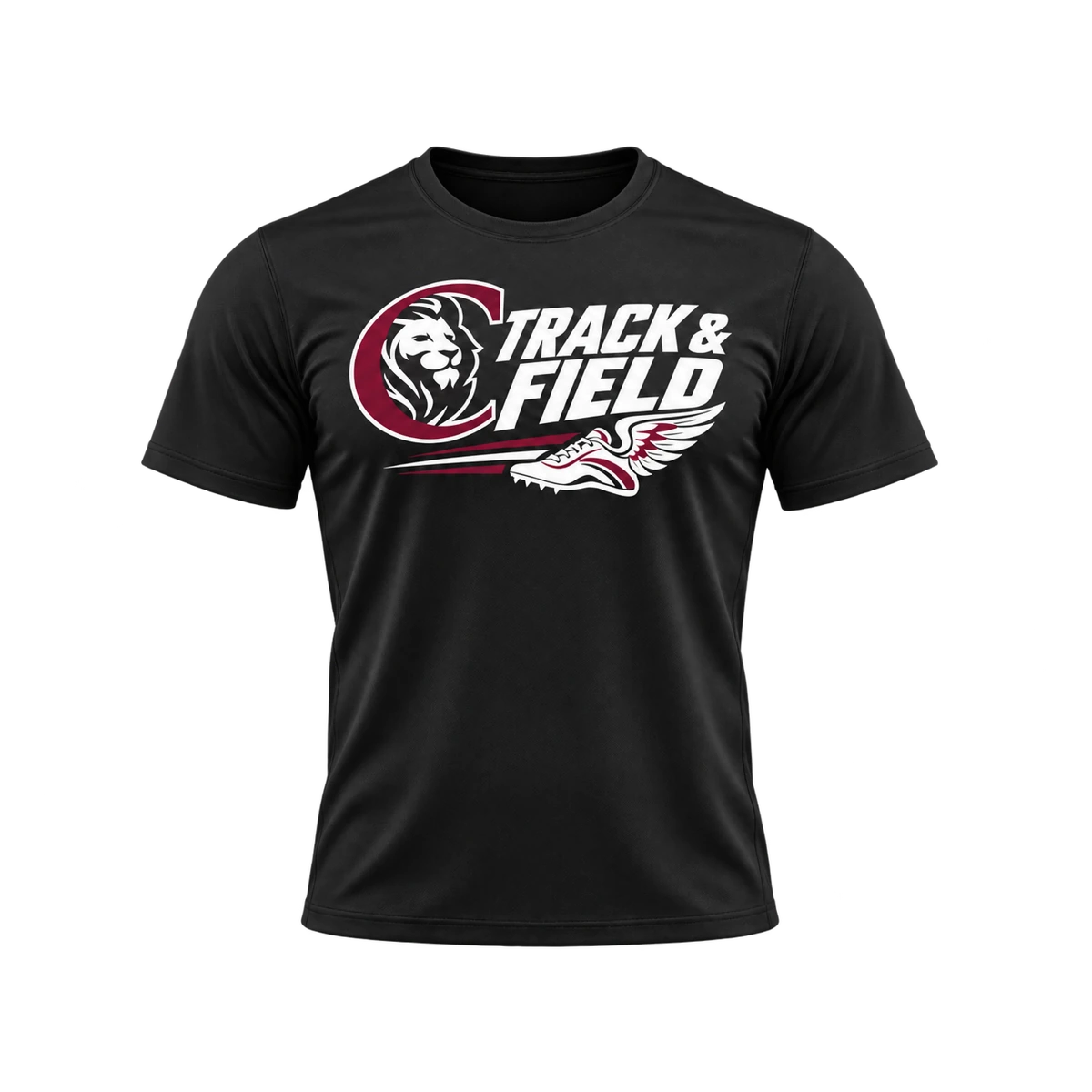 CCA Track & Field black short-sleeve performance tee with official maroon and white logo, transparent background