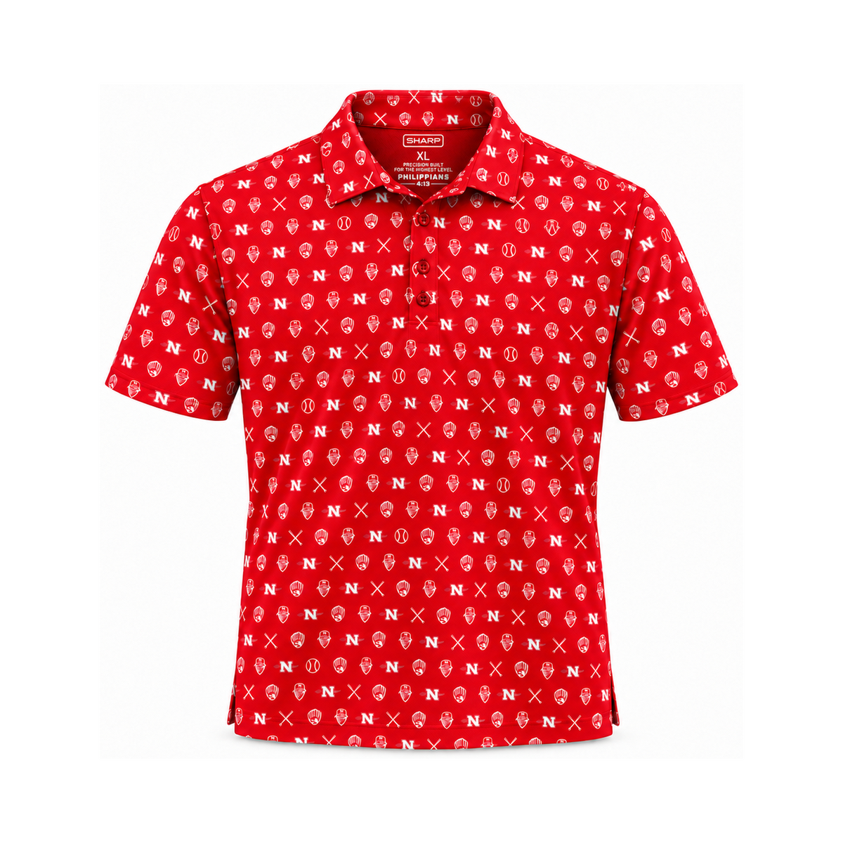 Nicholls Bayou Bandits microprint performance polo in red — consistent square product framing