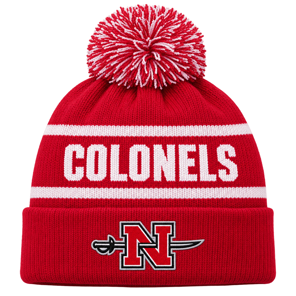 Red and white Nicholls Colonels pom beanie with embroidered N-and-sword cuff logo