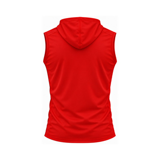 Nicholls sleeveless lightweight t-shirt hoodie in red, plain back view — consistent square product framing