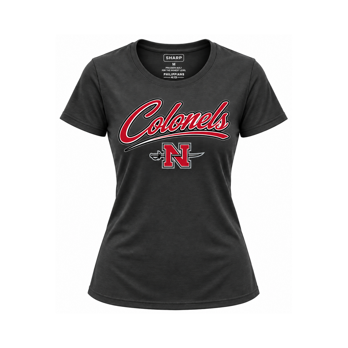 Nicholls women's Colonels performance tee in black — consistent square product framing
