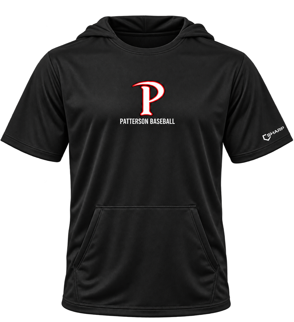 Patterson P Premium Polyester Short-Sleeve Hoodie in Black — transparent front view