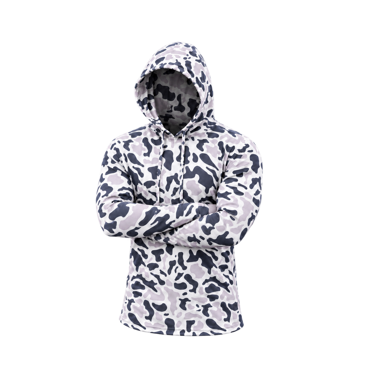 Strike Camo Performance Hoodie — Phantom posed view — transparent square