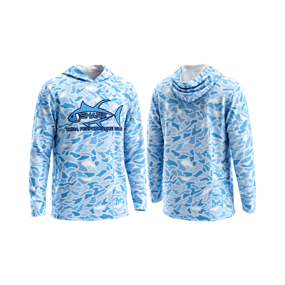 Blue Camo Hooded Fishing Shirt — front and back, hood down, transparent