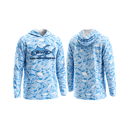 Blue Camo Hooded Fishing Shirt — front and back, hood down, transparent