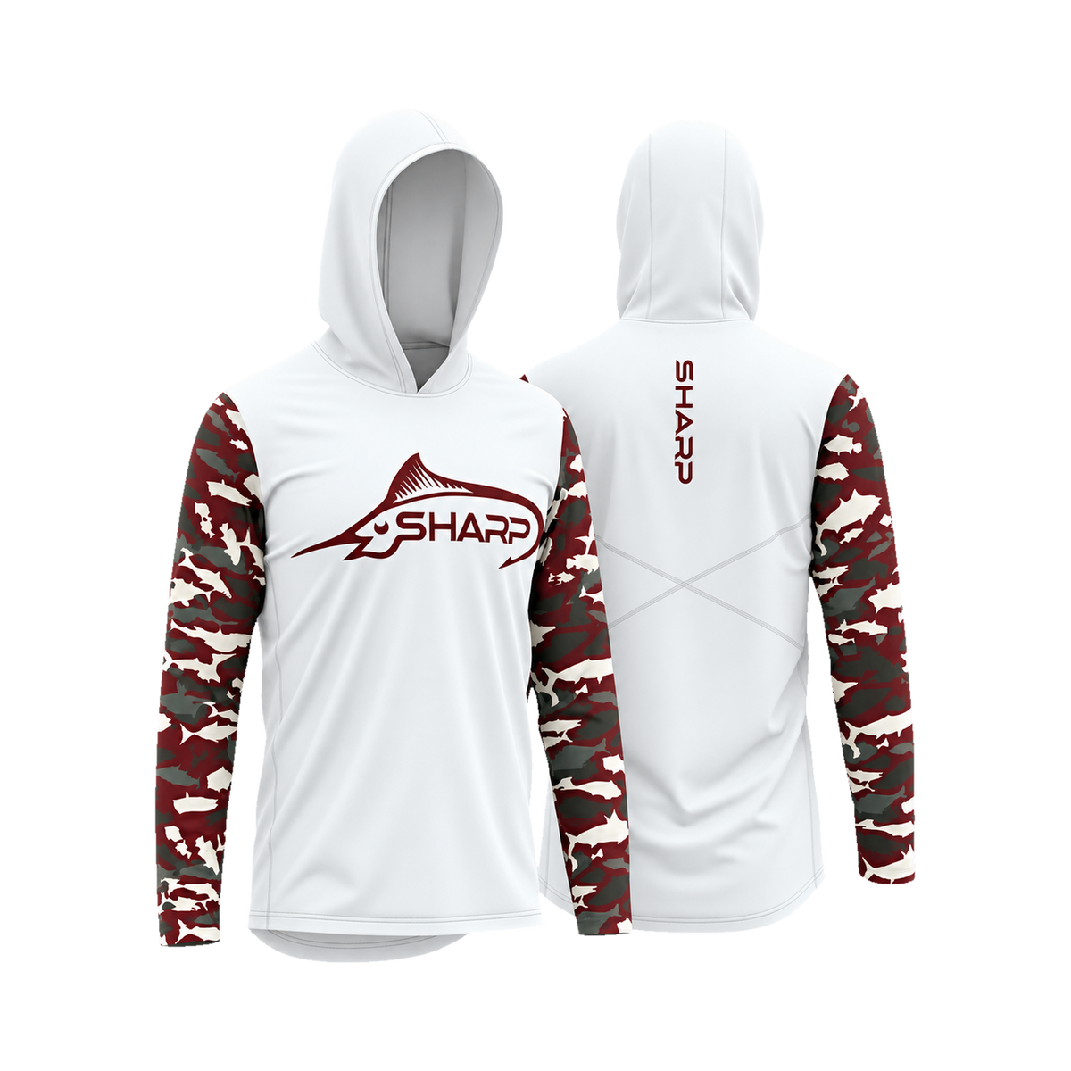 Burgundy Camo Hooded Fishing Shirt — product view, transparent background
