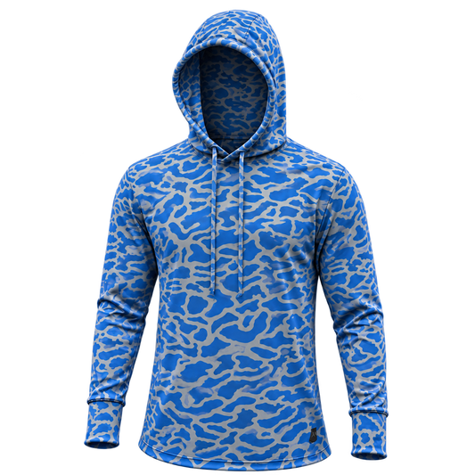 Bayou Blue Micro Strike Camo Performance Hoodie — front view