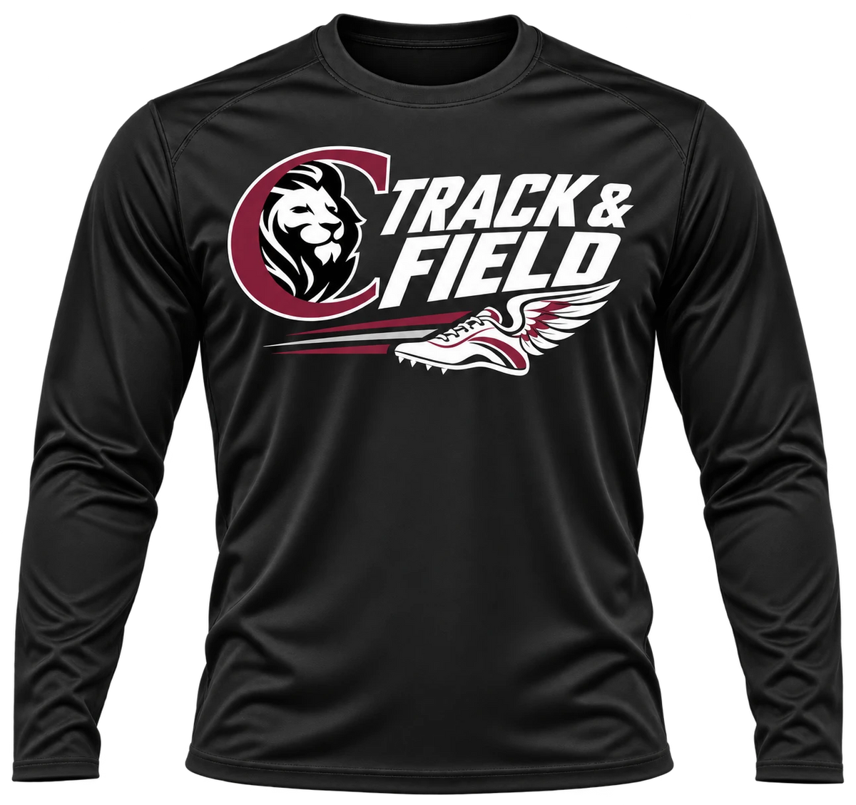 CCA Track & Field black long-sleeve performance shirt, front view