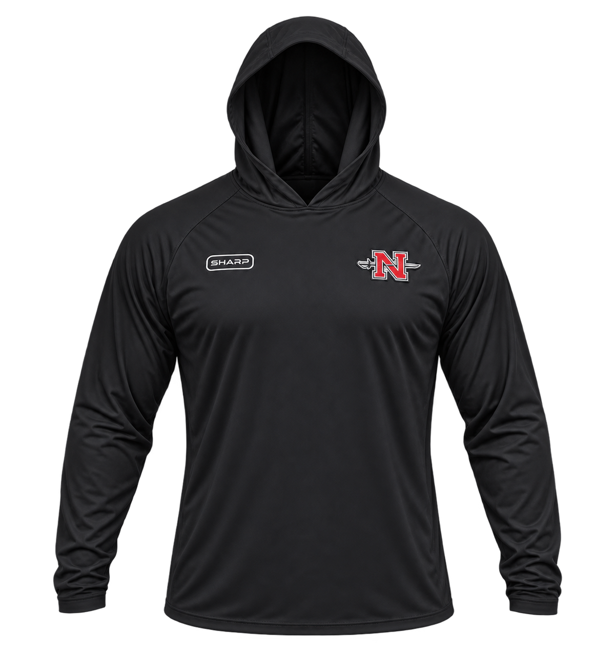 Black Nicholls Air Performance Hoodie, front ghost mannequin with rounded hood and slimmer torso