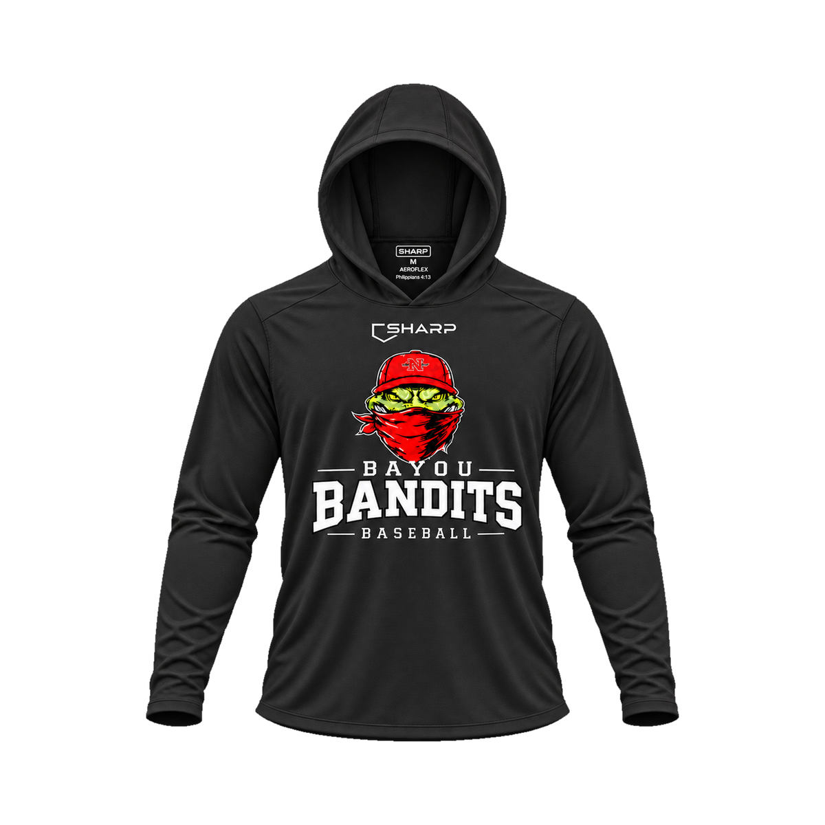 Nicholls Bayou Bandits Areoflex long-sleeve hooded shirt, black, front view; transparent square with consistent margins — fully open rounded hood, transparent front view