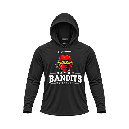 Nicholls Bayou Bandits Areoflex long-sleeve hooded shirt, black, front view; transparent square with consistent margins — fully open rounded hood, transparent front view