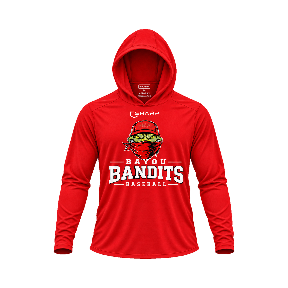 Nicholls Bayou Bandits Areoflex long-sleeve hooded shirt, red, front view; transparent square with consistent margins — fully open rounded hood, transparent front view