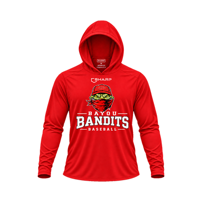 Nicholls Bayou Bandits Areoflex long-sleeve hooded shirt, red, front view; transparent square with consistent margins — fully open rounded hood, transparent front view