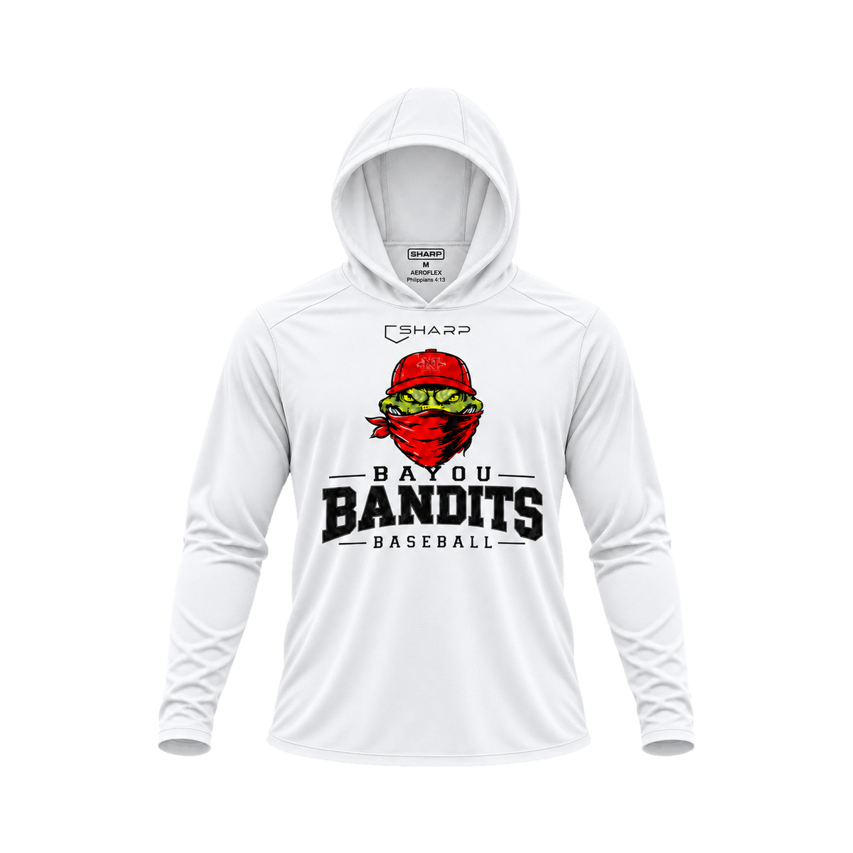 Nicholls Bayou Bandits Areoflex long-sleeve hooded shirt, white, front view; transparent square with consistent margins — fully open rounded hood, transparent front view