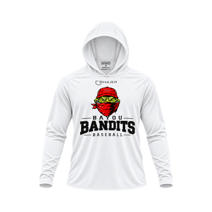 Nicholls Bayou Bandits Areoflex long-sleeve hooded shirt, white, front view; transparent square with consistent margins — fully open rounded hood, transparent front view