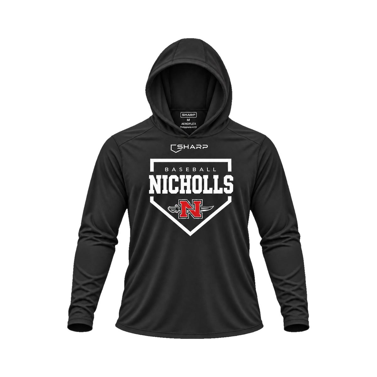 Nicholls Home Plate Areoflex long-sleeve hooded shirt, black, front view; transparent square with consistent margins — fully open rounded hood, transparent front view