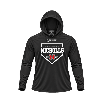 Nicholls Home Plate Areoflex long-sleeve hooded shirt, black, front view; transparent square with consistent margins — fully open rounded hood, transparent front view