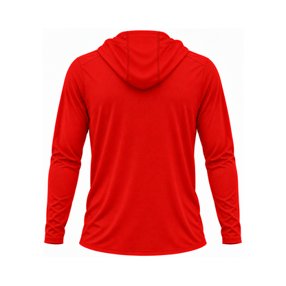 Nicholls Home Plate Areoflex long-sleeve hooded shirt, red, back view — consistent square product framing