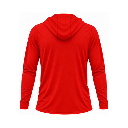 Nicholls Home Plate Areoflex long-sleeve hooded shirt, red, back view — consistent square product framing