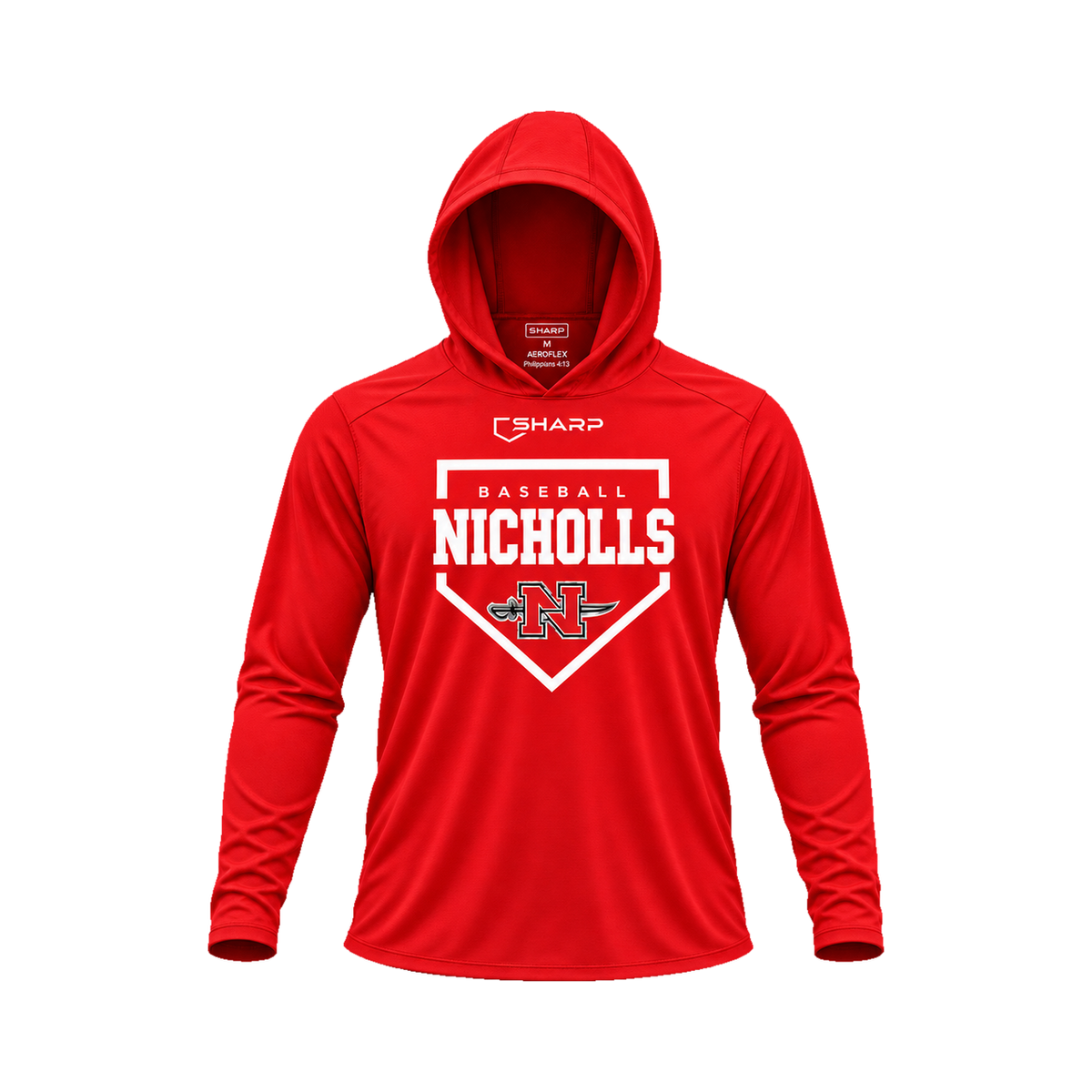 Nicholls Home Plate Areoflex long-sleeve hooded shirt, red, front view; transparent square with consistent margins — fully open rounded hood, transparent front view