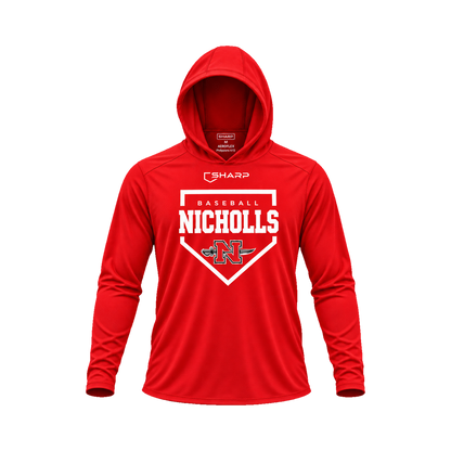 Nicholls Home Plate Areoflex long-sleeve hooded shirt, red, front view; transparent square with consistent margins — fully open rounded hood, transparent front view