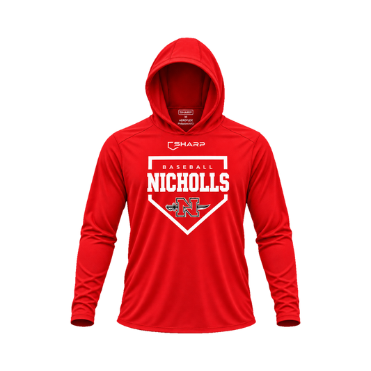 Nicholls Home Plate Areoflex long-sleeve hooded shirt, red, front view; transparent square with consistent margins — fully open rounded hood, transparent front view