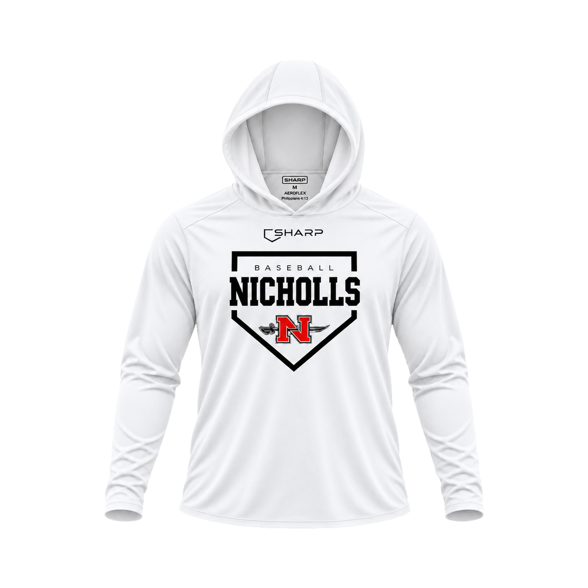 Nicholls Home Plate Areoflex long-sleeve hooded shirt, white, front view; transparent square with consistent margins — fully open rounded hood, transparent front view