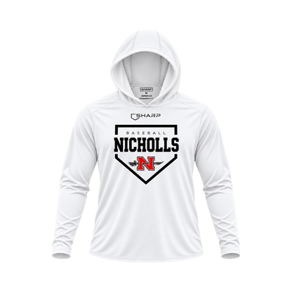 Nicholls Home Plate Areoflex long-sleeve hooded shirt, white, front view; transparent square with consistent margins — fully open rounded hood, transparent front view