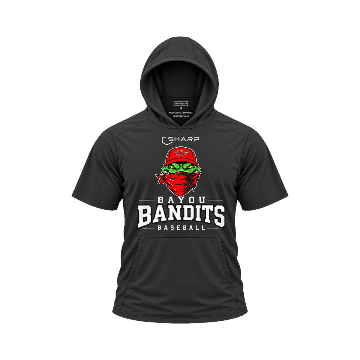 Nicholls Bayou Bandits short-sleeve lightweight t-shirt hoodie in black, front view — fully open rounded hood, transparent front view