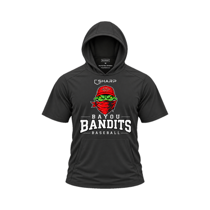 Nicholls Bayou Bandits short-sleeve lightweight t-shirt hoodie in black, front view — fully open rounded hood, transparent front view