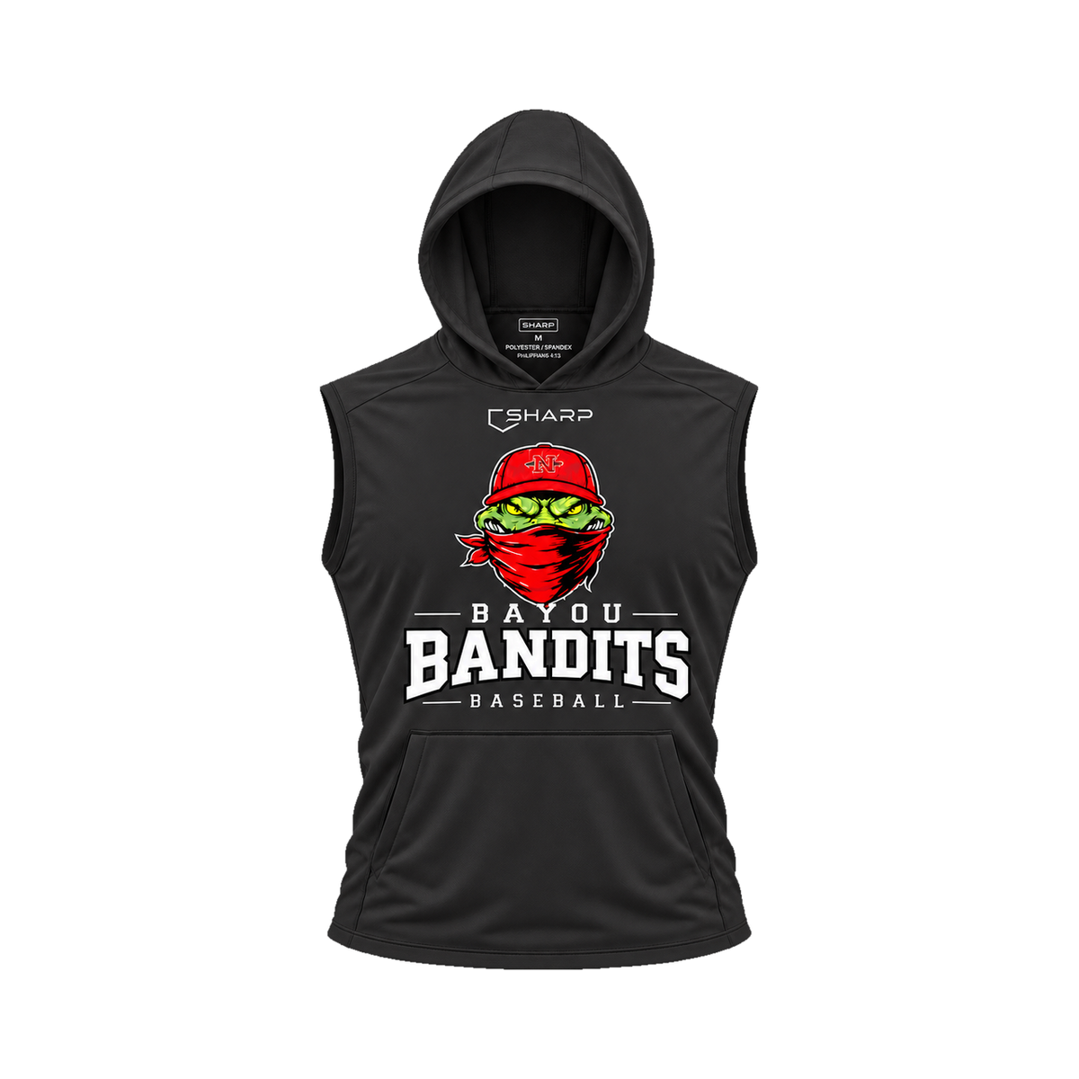 Nicholls Bayou Bandits sleeveless lightweight t-shirt hoodie in black, front view — fully open rounded hood, transparent front view