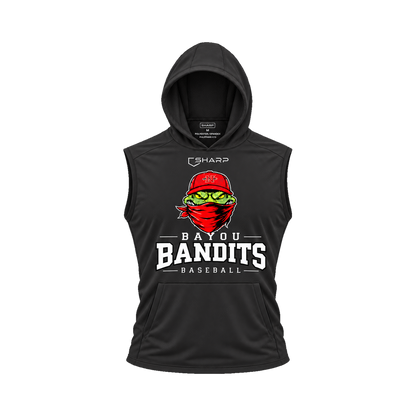 Nicholls Bayou Bandits sleeveless lightweight t-shirt hoodie in black, front view — fully open rounded hood, transparent front view