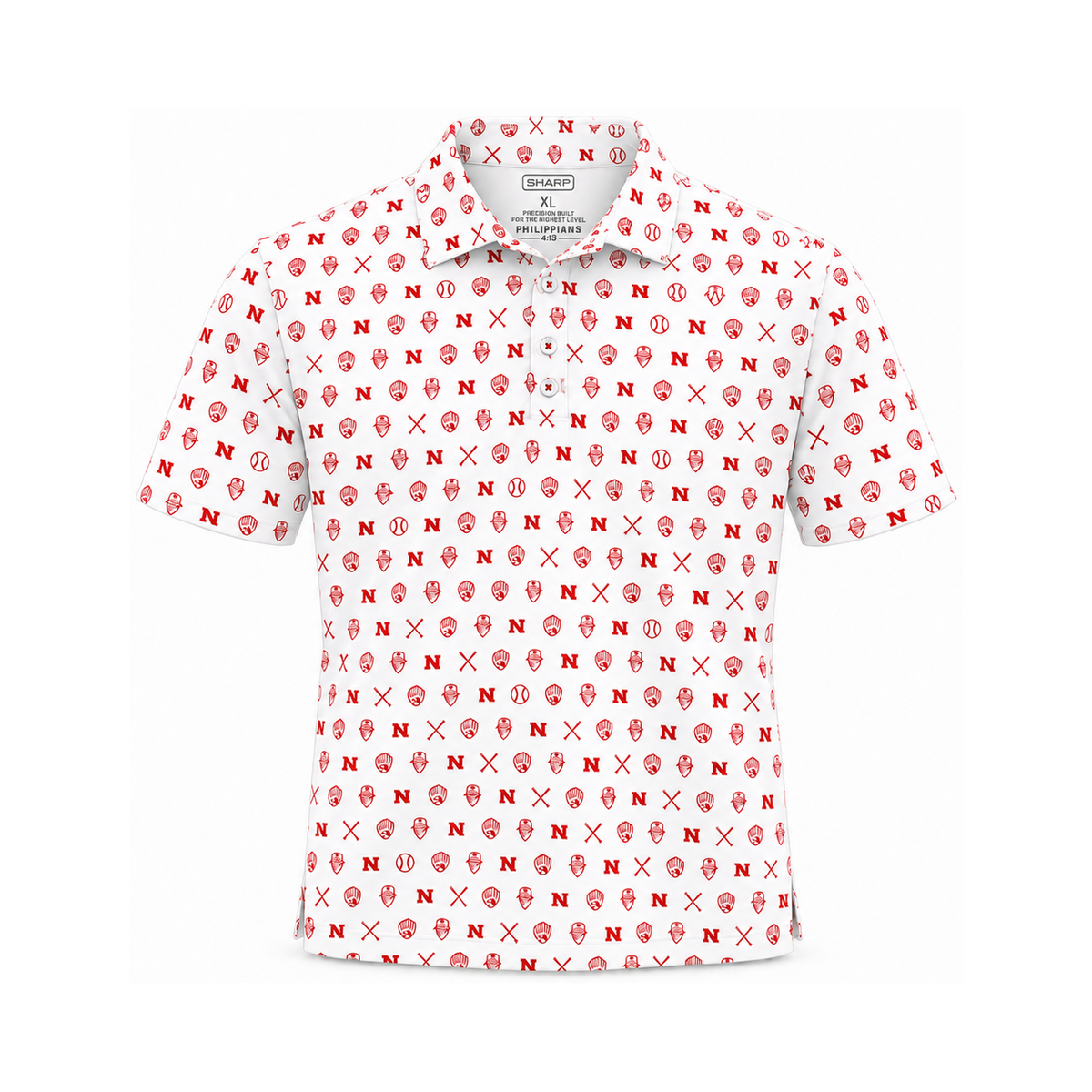 Nicholls Bayou Bandits microprint performance polo in white — consistent square product framing