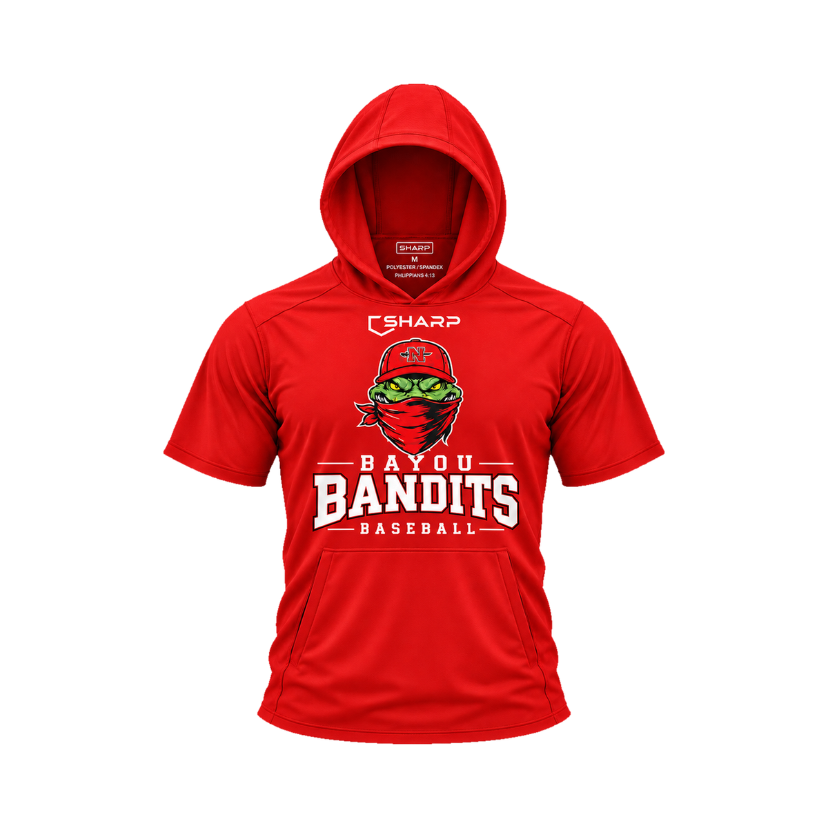 Nicholls Bayou Bandits short-sleeve lightweight t-shirt hoodie in red, front view — fully open rounded hood, transparent front view