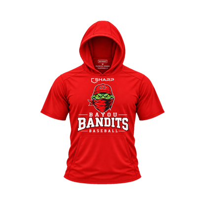 Nicholls Bayou Bandits short-sleeve lightweight t-shirt hoodie in red, front view — fully open rounded hood, transparent front view