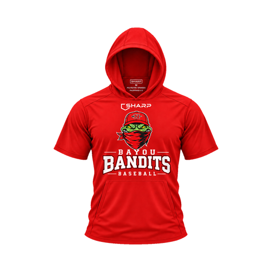Nicholls Bayou Bandits short-sleeve lightweight t-shirt hoodie in red, front view — fully open rounded hood, transparent front view