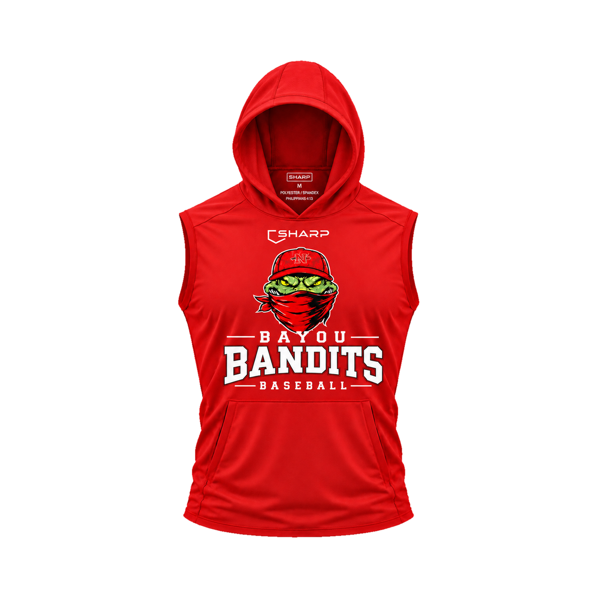 Nicholls Bayou Bandits sleeveless lightweight t-shirt hoodie in red, front view — fully open rounded hood, transparent front view