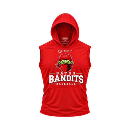 Nicholls Bayou Bandits sleeveless lightweight t-shirt hoodie in red, front view — fully open rounded hood, transparent front view