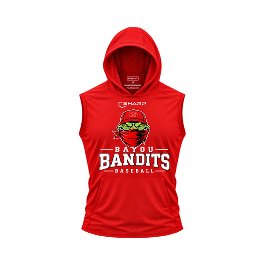 Nicholls Bayou Bandits sleeveless lightweight t-shirt hoodie in red, front view — fully open rounded hood, transparent front view
