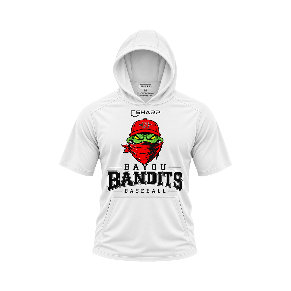 Nicholls Bayou Bandits short-sleeve lightweight t-shirt hoodie in white, front view — fully open rounded hood, transparent front view