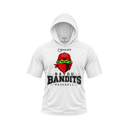 Nicholls Bayou Bandits short-sleeve lightweight t-shirt hoodie in white, front view — fully open rounded hood, transparent front view