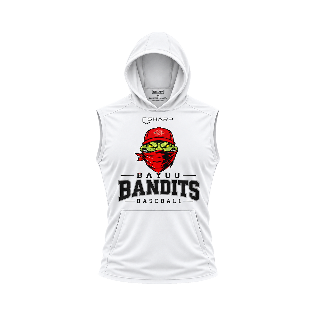 Nicholls Bayou Bandits sleeveless lightweight t-shirt hoodie in white, front view — fully open rounded hood, transparent front view