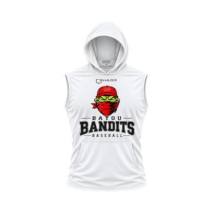 Nicholls Bayou Bandits sleeveless lightweight t-shirt hoodie in white, front view — fully open rounded hood, transparent front view