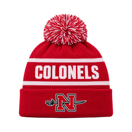 Red and white Nicholls Colonels pom beanie with embroidered N-and-sword cuff logo — consistent square product framing
