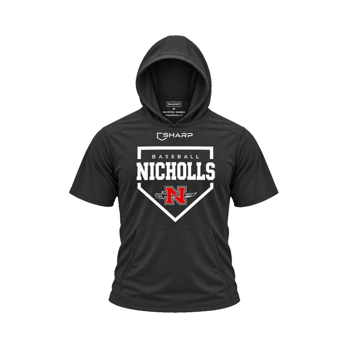 Nicholls Home Plate short-sleeve lightweight t-shirt hoodie in black, front view — fully open rounded hood, transparent front view