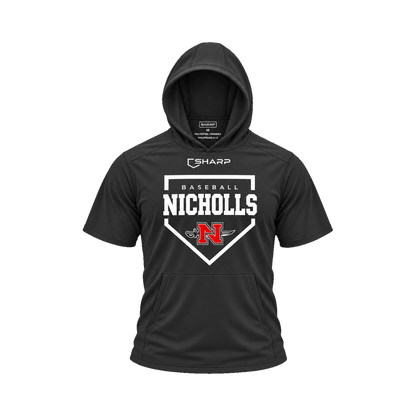 Nicholls Home Plate short-sleeve lightweight t-shirt hoodie in black, front view — fully open rounded hood, transparent front view