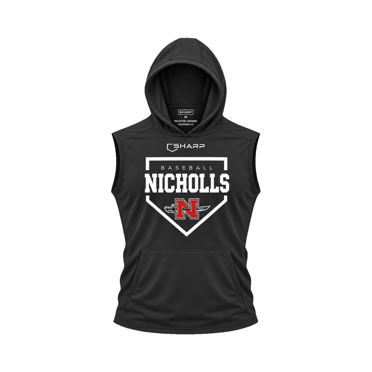 Nicholls Home Plate sleeveless lightweight t-shirt hoodie in black, front view — fully open rounded hood, transparent front view