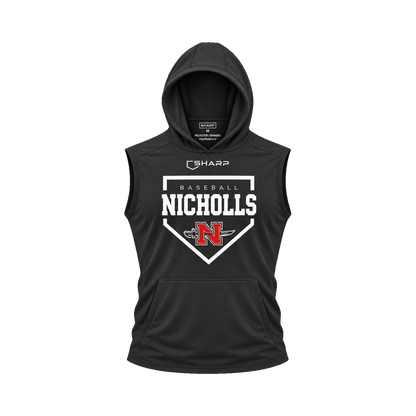 Nicholls Home Plate sleeveless lightweight t-shirt hoodie in black, front view — fully open rounded hood, transparent front view