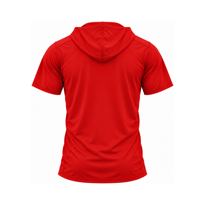 Nicholls short-sleeve lightweight t-shirt hoodie in red, plain back view — consistent square product framing